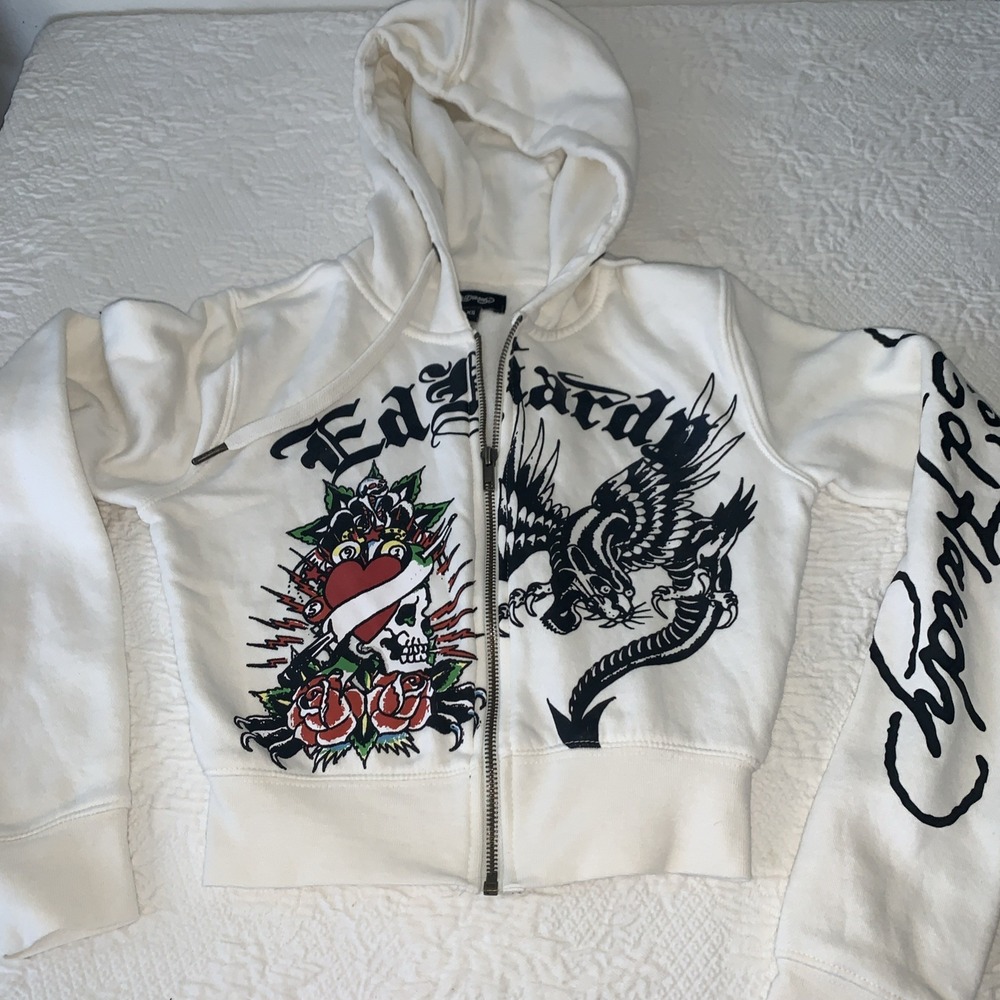 Ed Hardy Women Sweatshirt XS White Cropped Hoodie Floral Skull Dragon Tiger Y2K